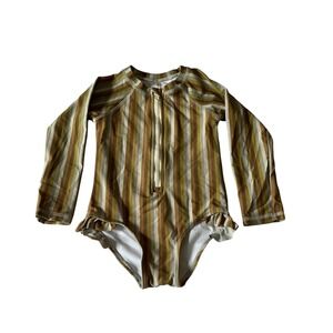 Rylee + Cru 2-3Y Rashguard One Piece Multi-stripe Zip Up Ruffle Swimsuit